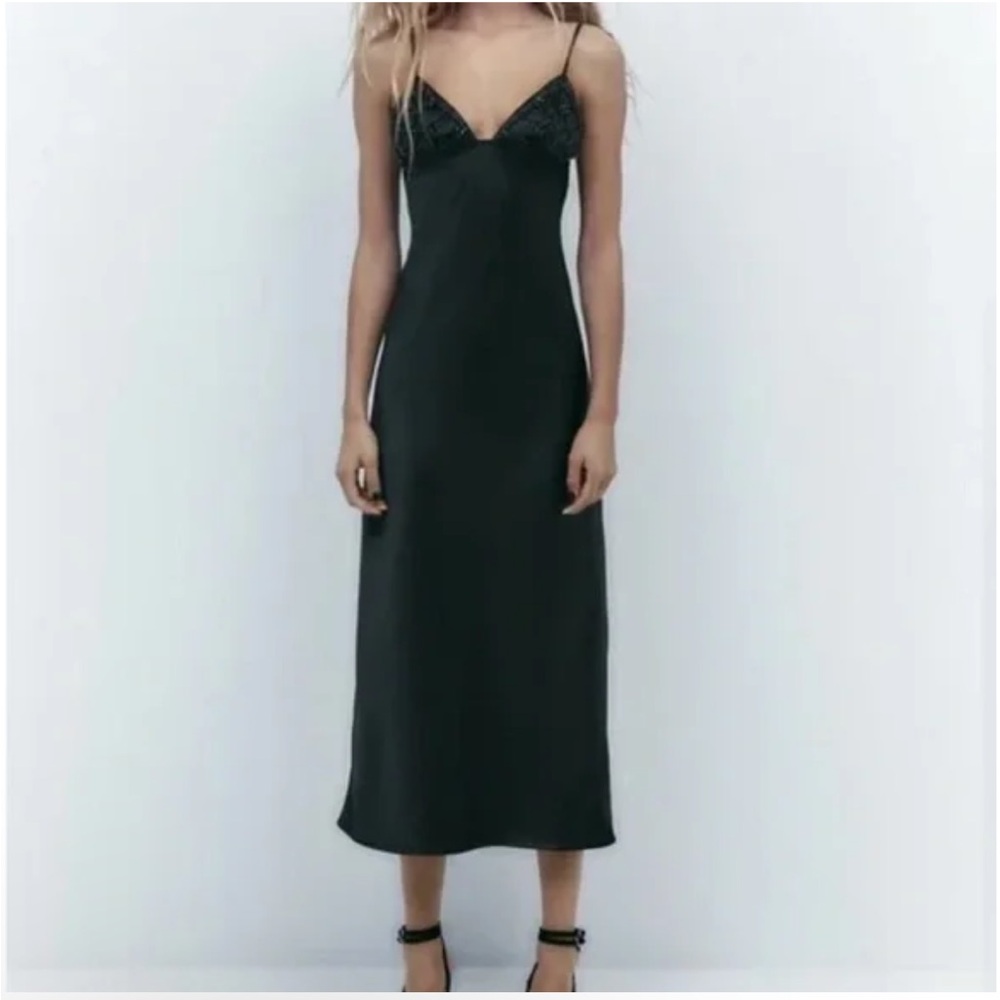 ZARA NWT Beaded Satin V- Neck Midi Dress Small Black